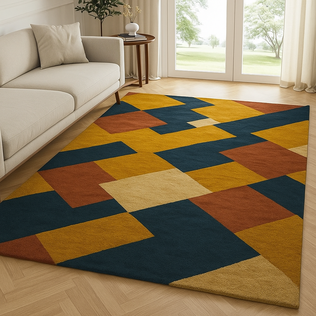 Modern Geometric Tufted Wool Rug – Blue Mustard Abstract Carpet