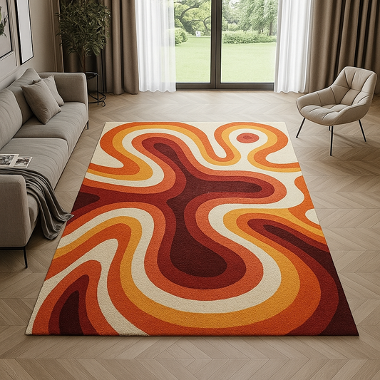 Hand-Tufted Retro Swirl Wool Rug – Mid-Century Modern Area Carpet