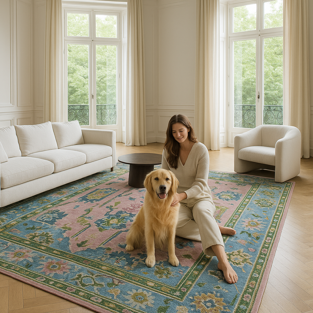 Pink & Blue Indo Oushak Hand-Knotted Wool Rug – Vintage Floral