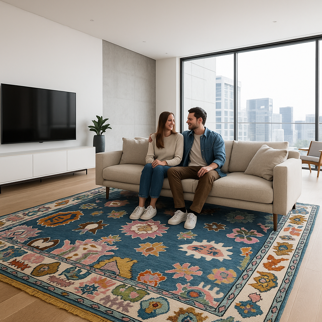 Hand-Knotted Indo Oushak Wool Rug – Blue Pastel Tribal Floral