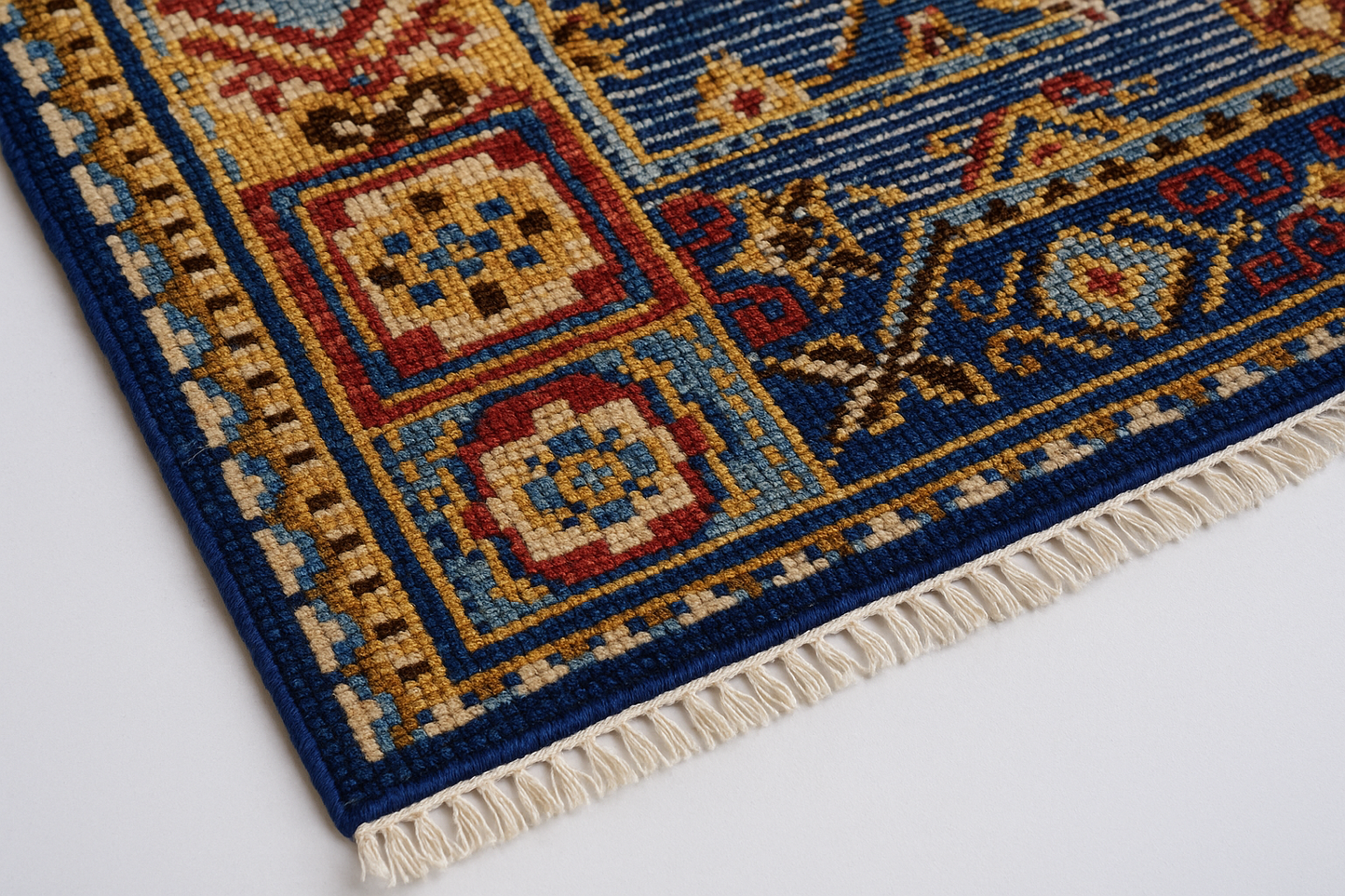 Hand-Knotted Wool Oriental Rug – Blue Red Geometric Design