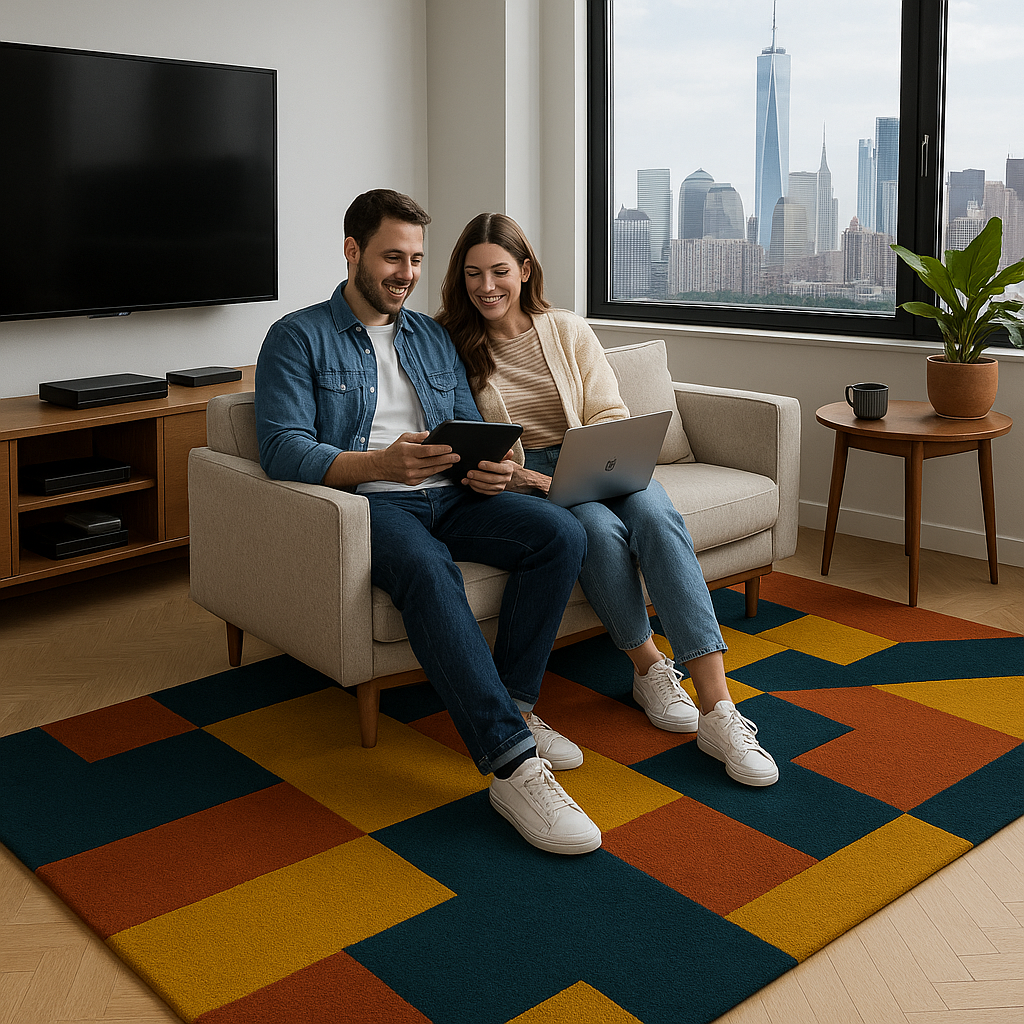 Modern Geometric Tufted Wool Rug – Blue Mustard Abstract Carpet
