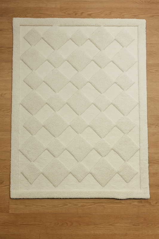 Hand-Knotted Ivory Wool Rug – Diamond Pattern Plush Area Carpet