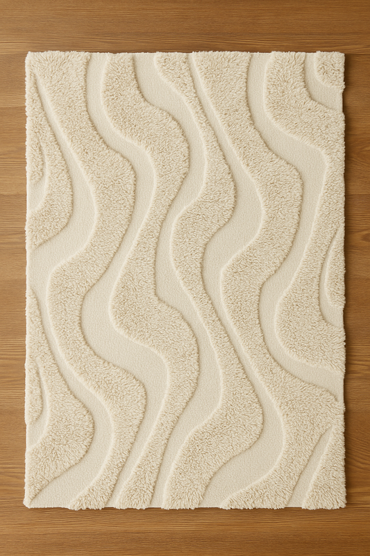 Hand-Knotted Wool Area Rug – Abstract Cream Modern Living Room Carpet