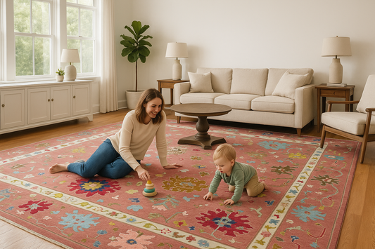 Hand-Knotted Oushak Wool Rug – Rose Red Multicolor Floral Carpet