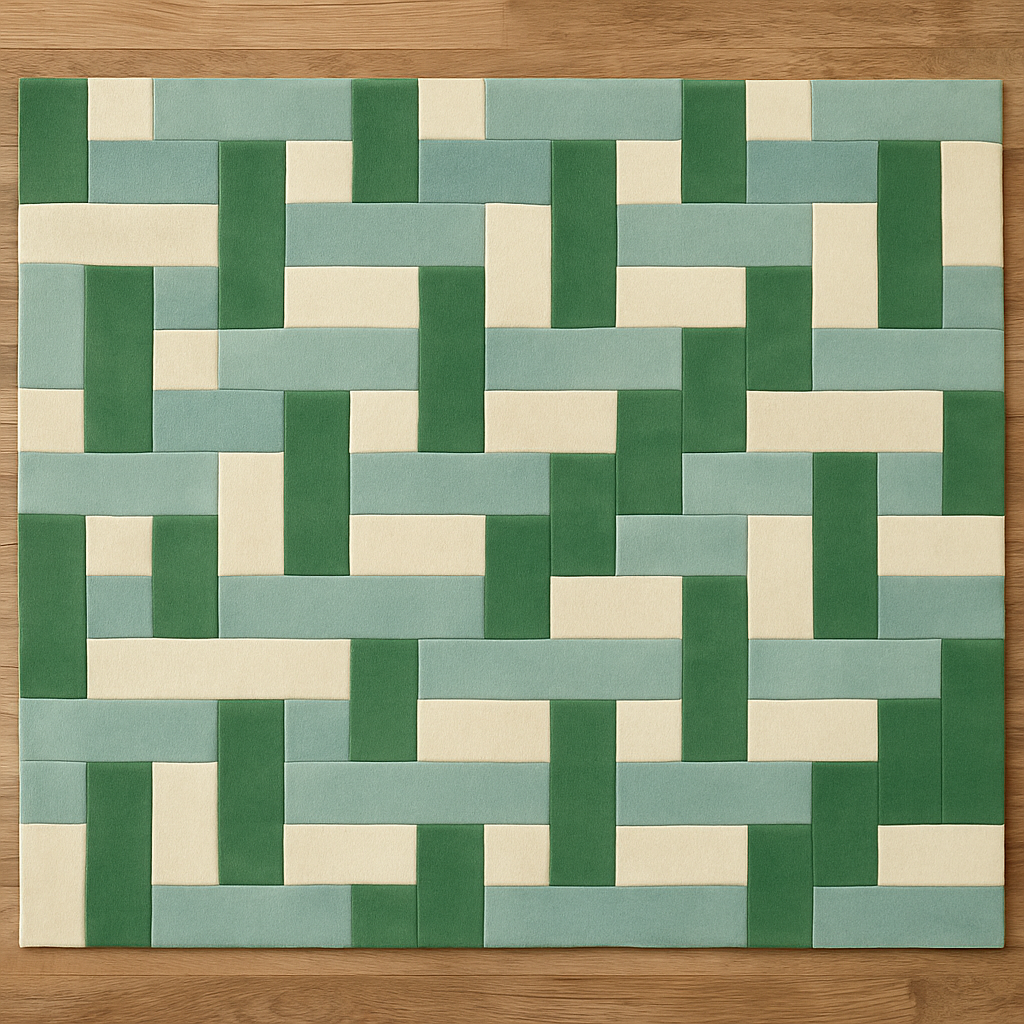 Top view of modern green geometric wool rug on wooden floor