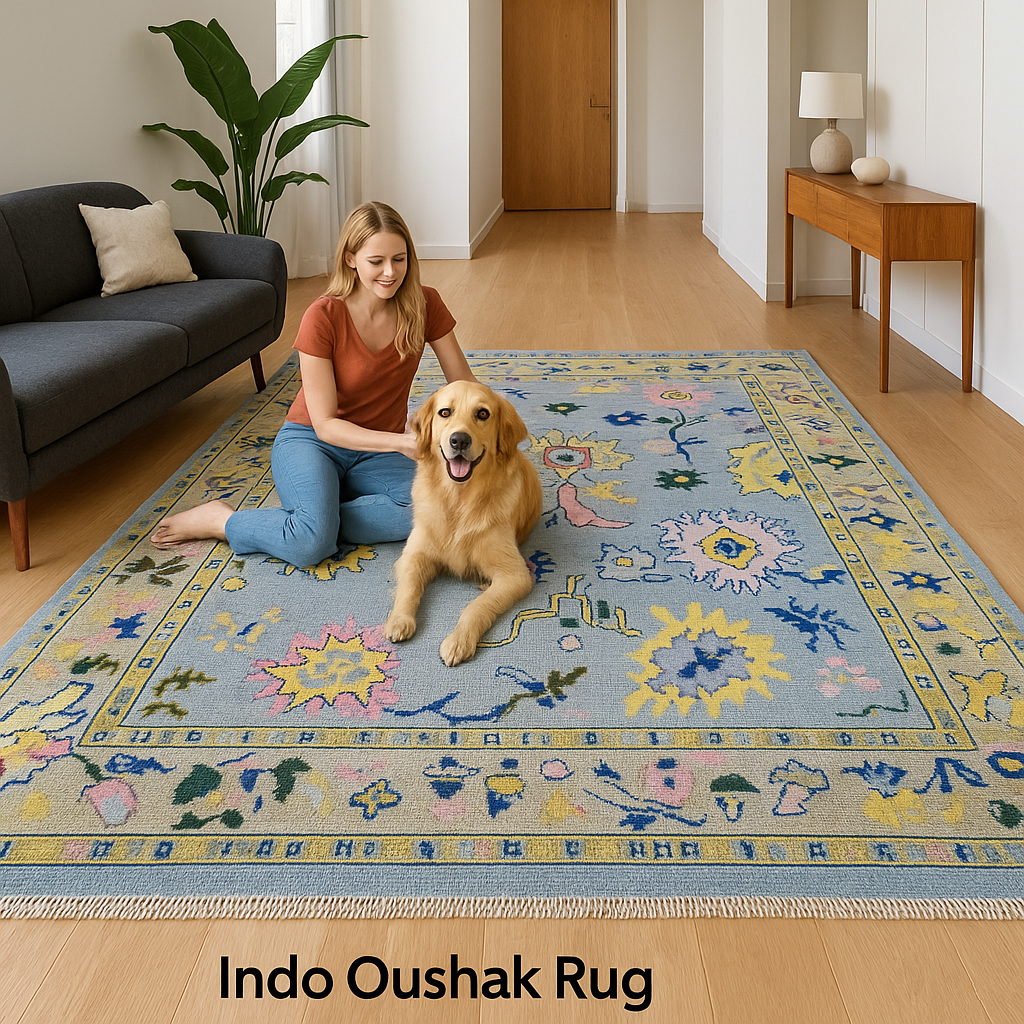 Indo Oushak Hand-Knotted Wool Rug – Blue Floral Vintage Carpet