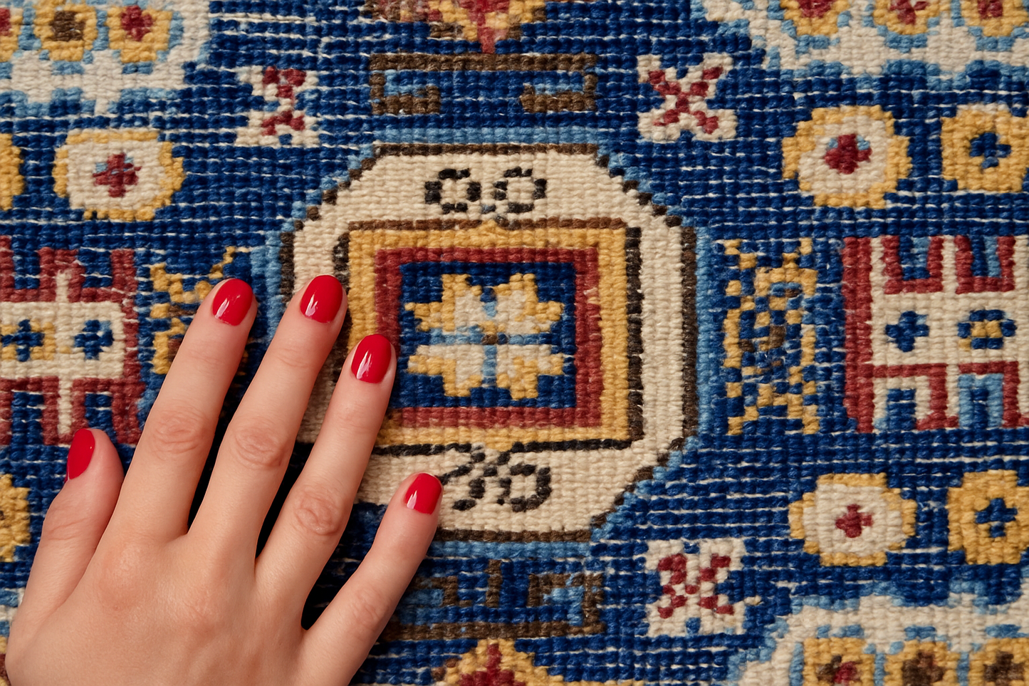 Hand-Knotted Wool Oriental Rug – Blue Red Geometric Design