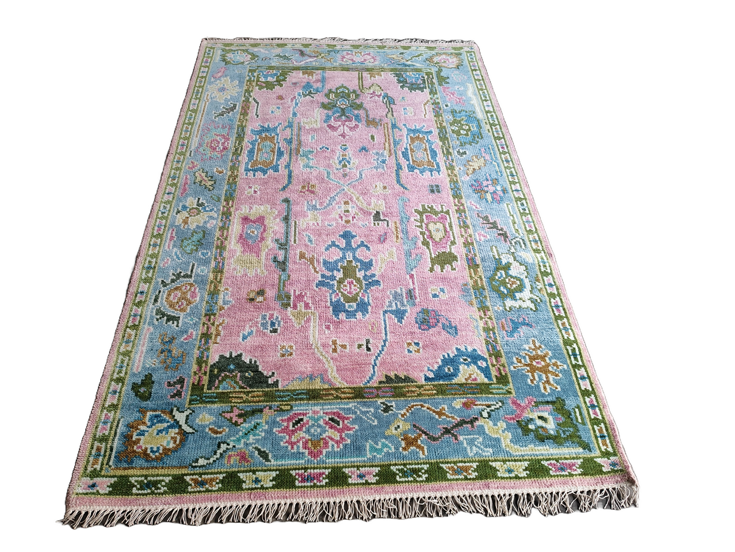 Pink & Blue Indo Oushak Hand-Knotted Wool Rug – Vintage Floral