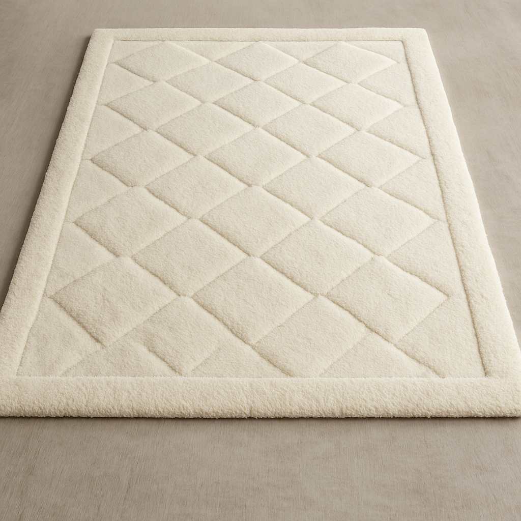 Hand-Knotted Ivory Wool Rug – Diamond Pattern Plush Area Carpet