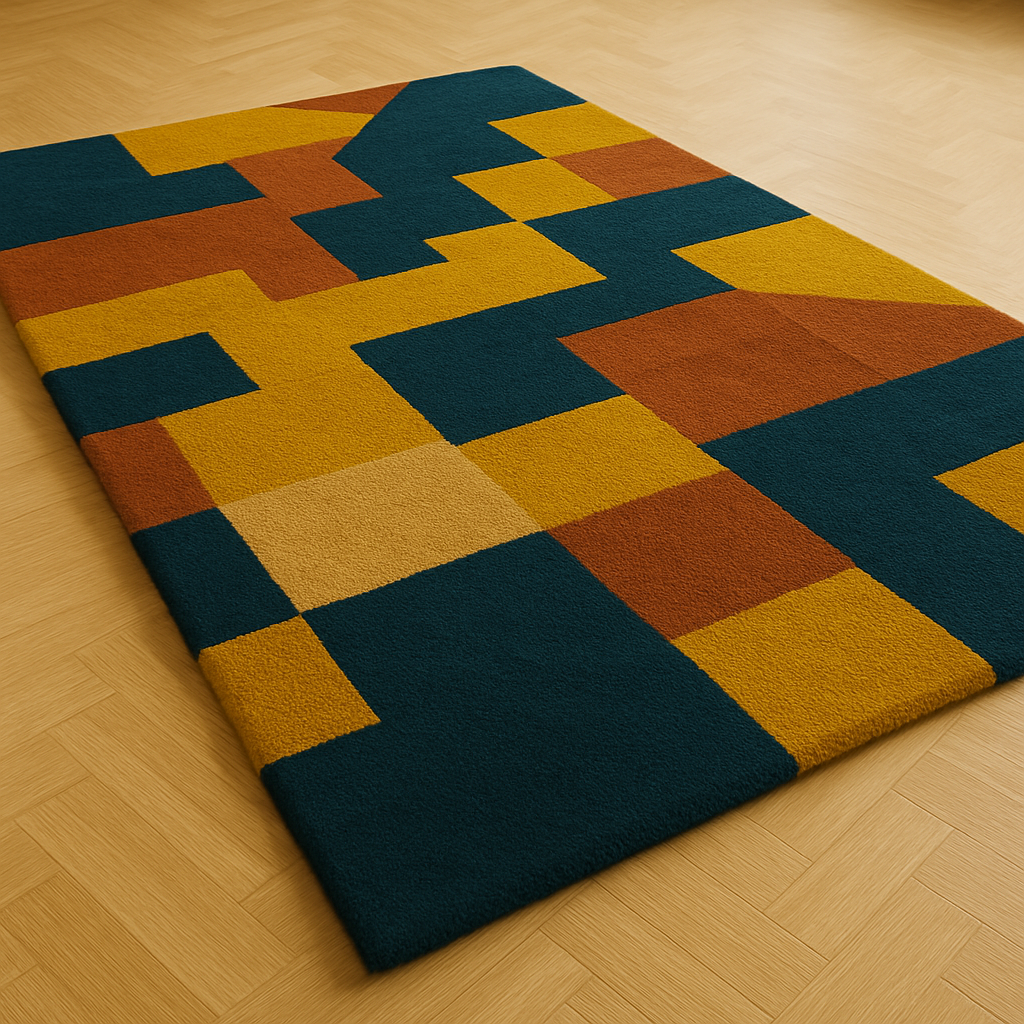 Modern Geometric Tufted Wool Rug – Blue Mustard Abstract Carpet