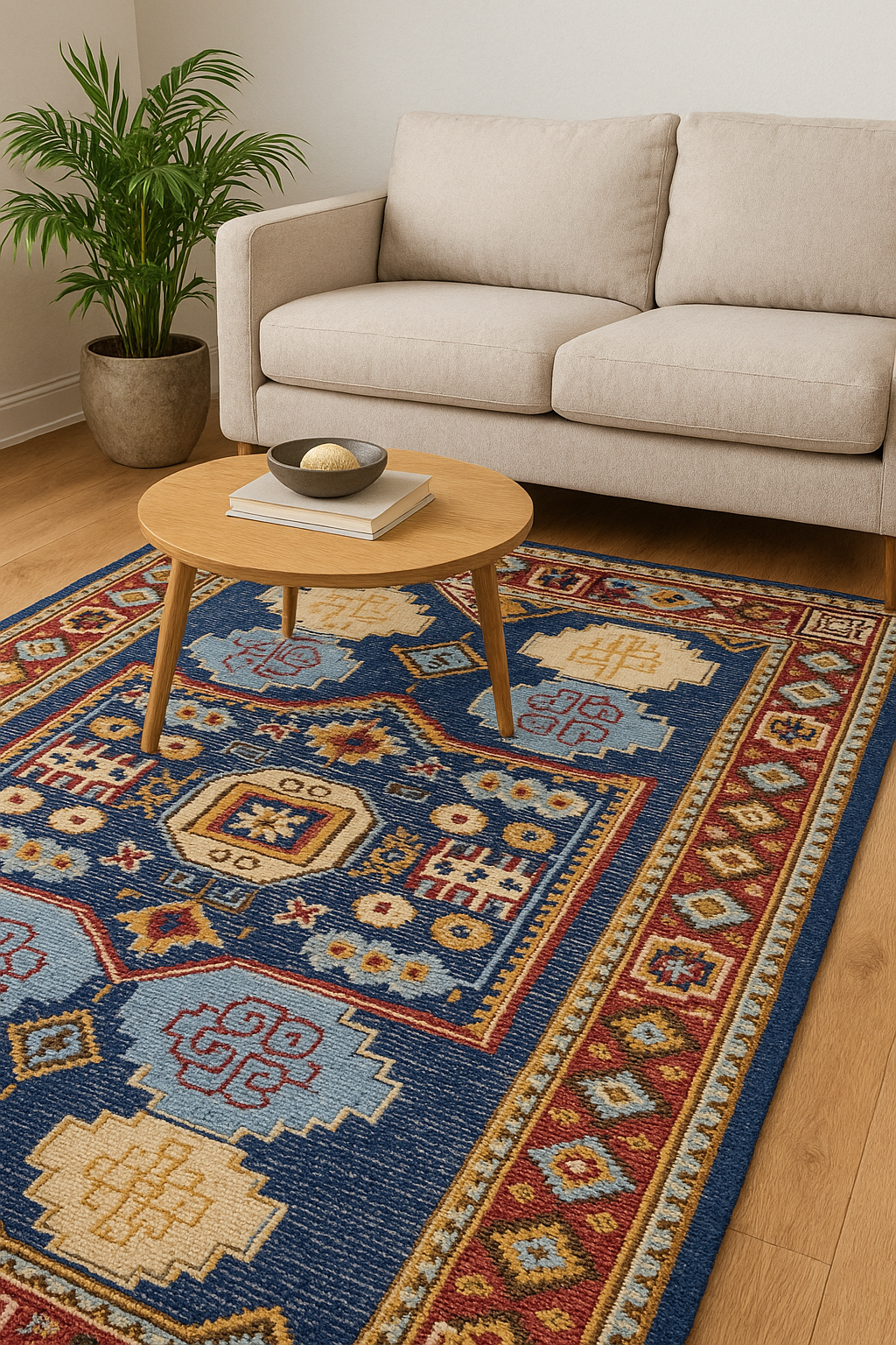 Hand-Knotted Wool Oriental Rug – Blue Red Geometric Design