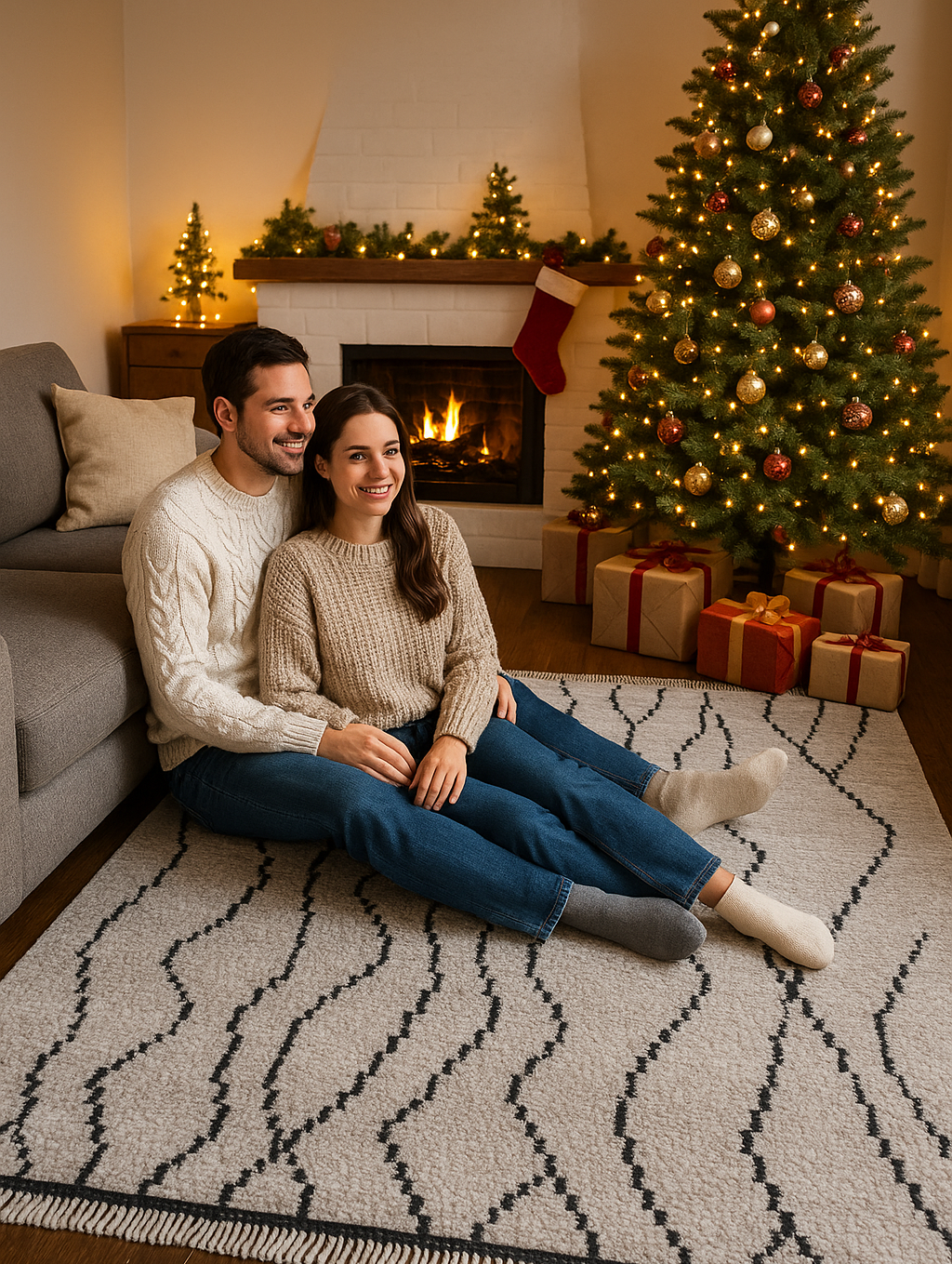 Hand-Knotted Grey Wool Rug with Geometric Wavy Lines