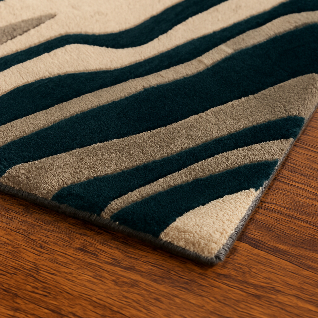 Modern Abstract Wool Rug – Hand-Tufted Beige & Teal Carpet