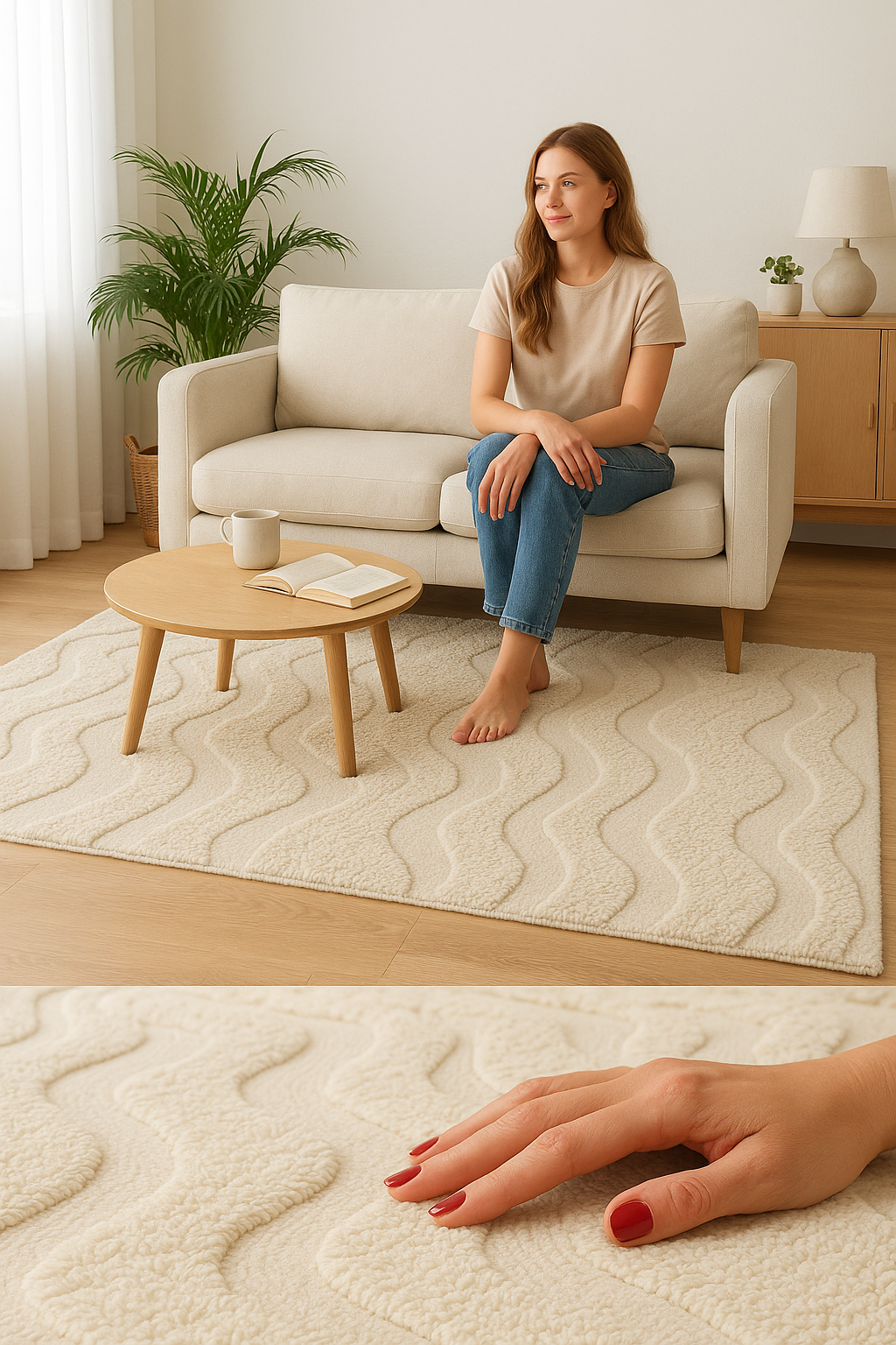 Hand-Knotted Wool Area Rug – Abstract Cream Modern Living Room Carpet