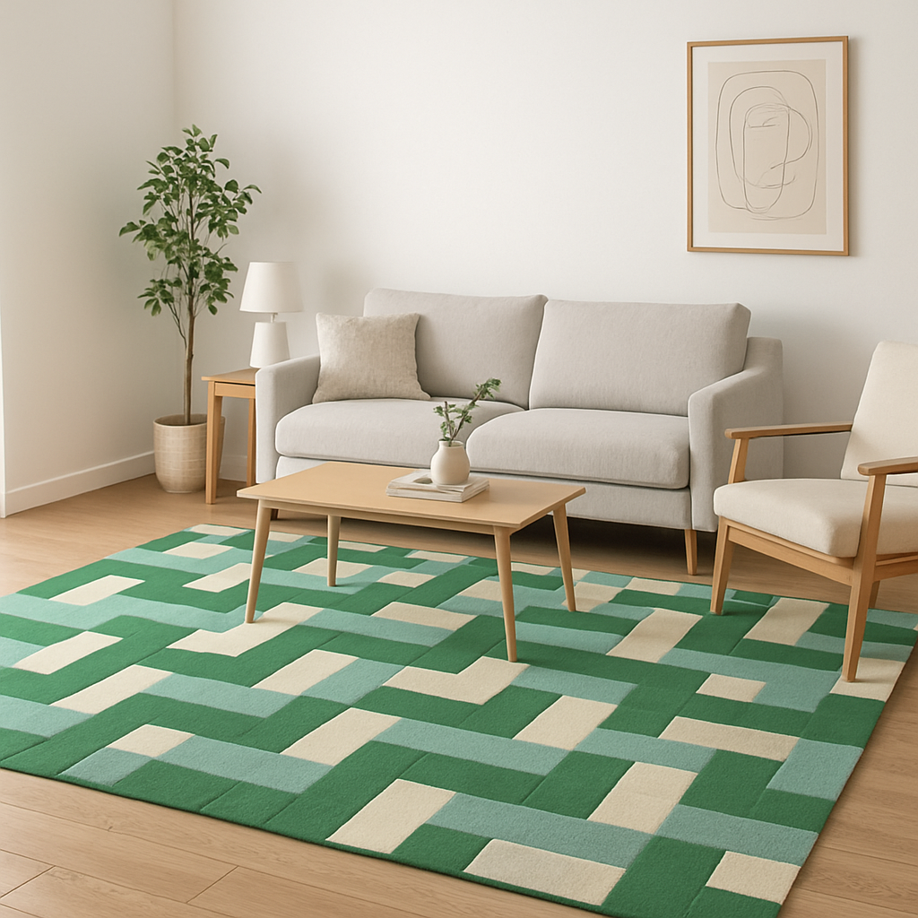 Modern family living room with geometric rug centerpiece