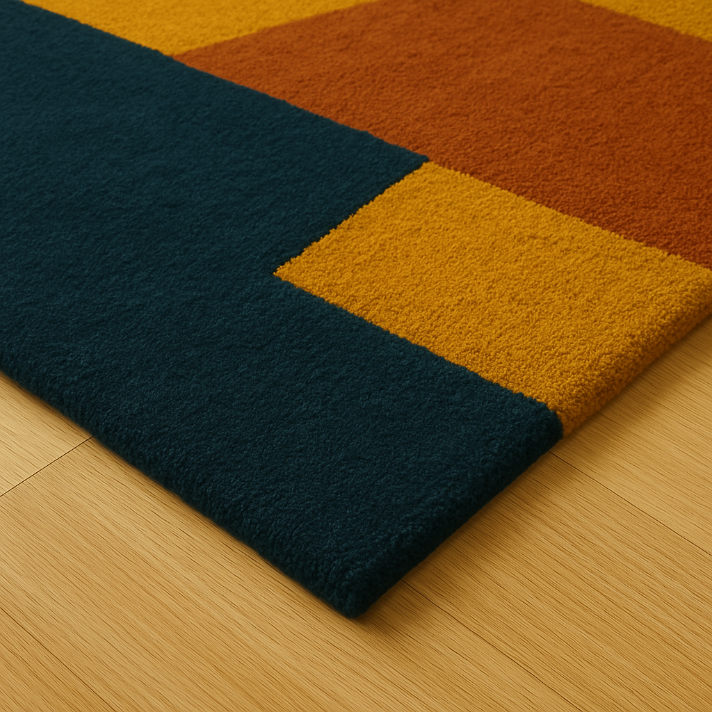 Modern Geometric Tufted Wool Rug – Blue Mustard Abstract Carpet