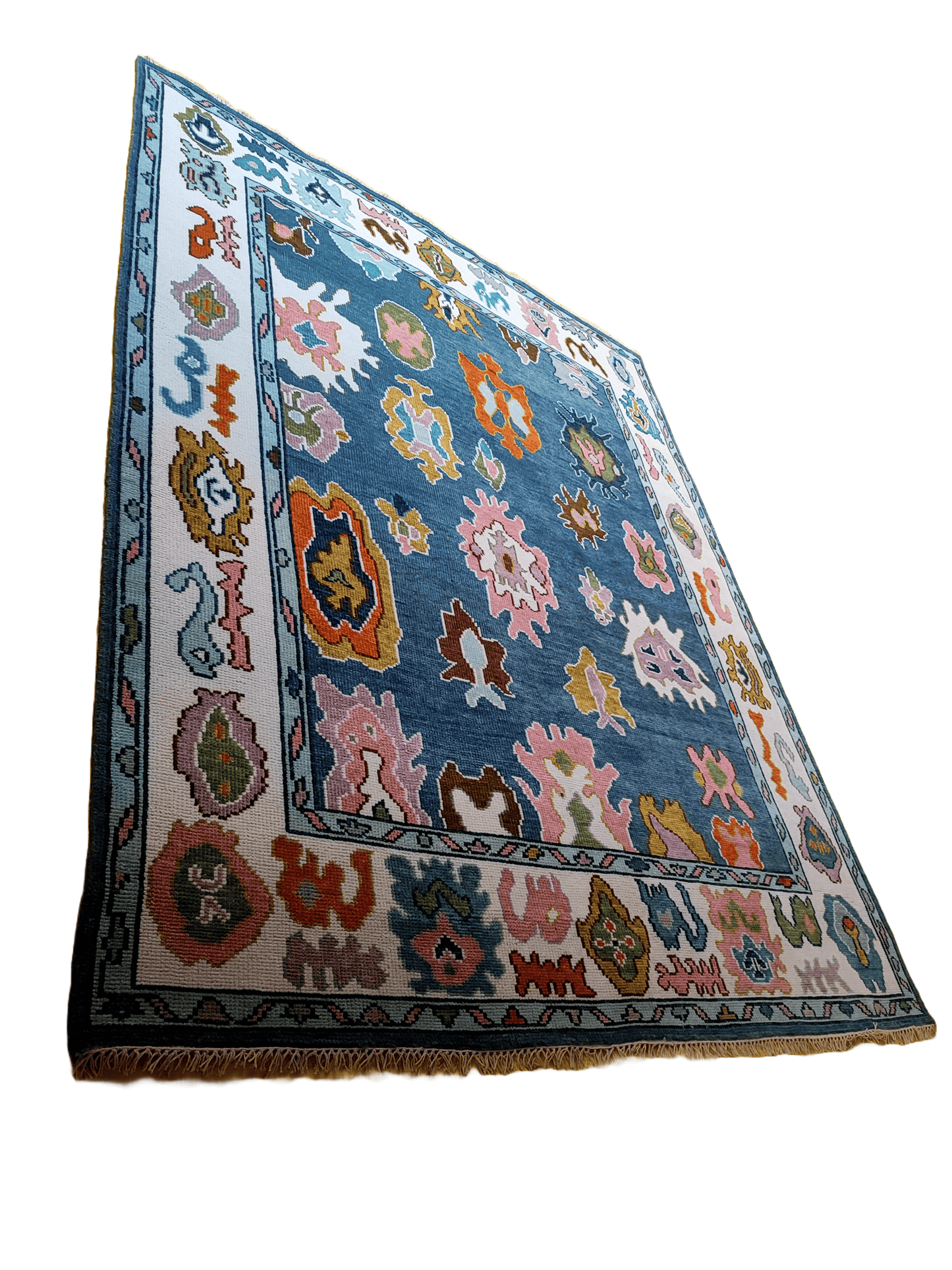 Hand-Knotted Indo Oushak Wool Rug – Blue Pastel Tribal Floral