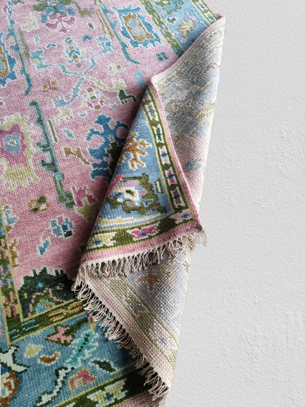 Pink & Blue Indo Oushak Hand-Knotted Wool Rug – Vintage Floral