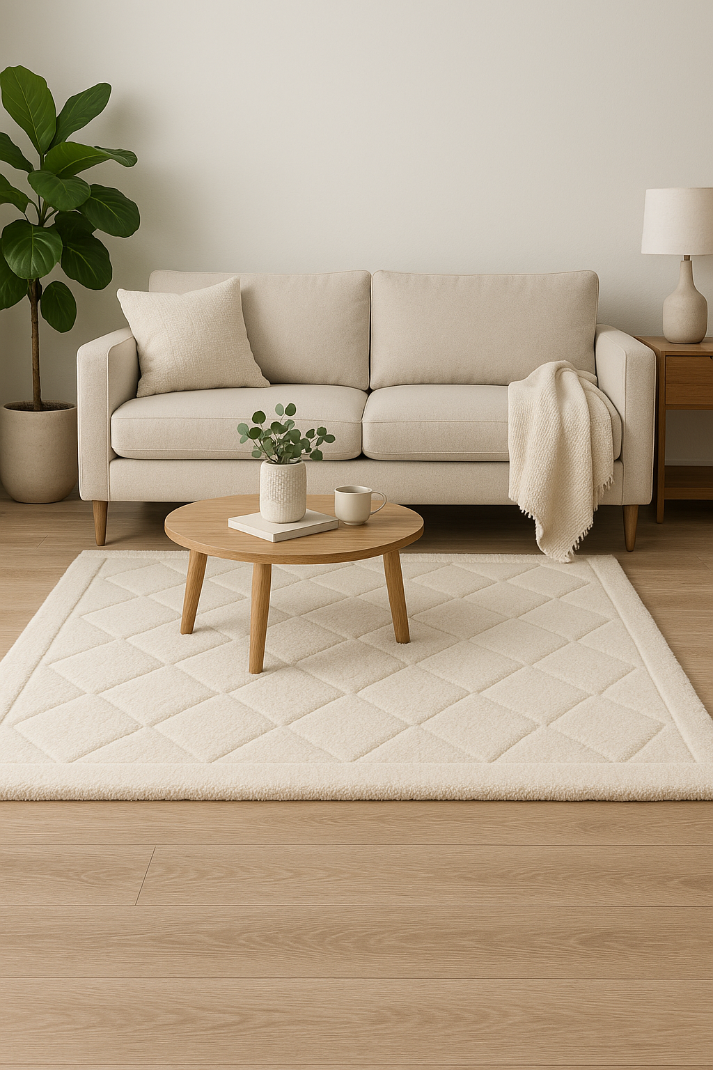 Hand-Knotted Ivory Wool Rug – Diamond Pattern Plush Area Carpet