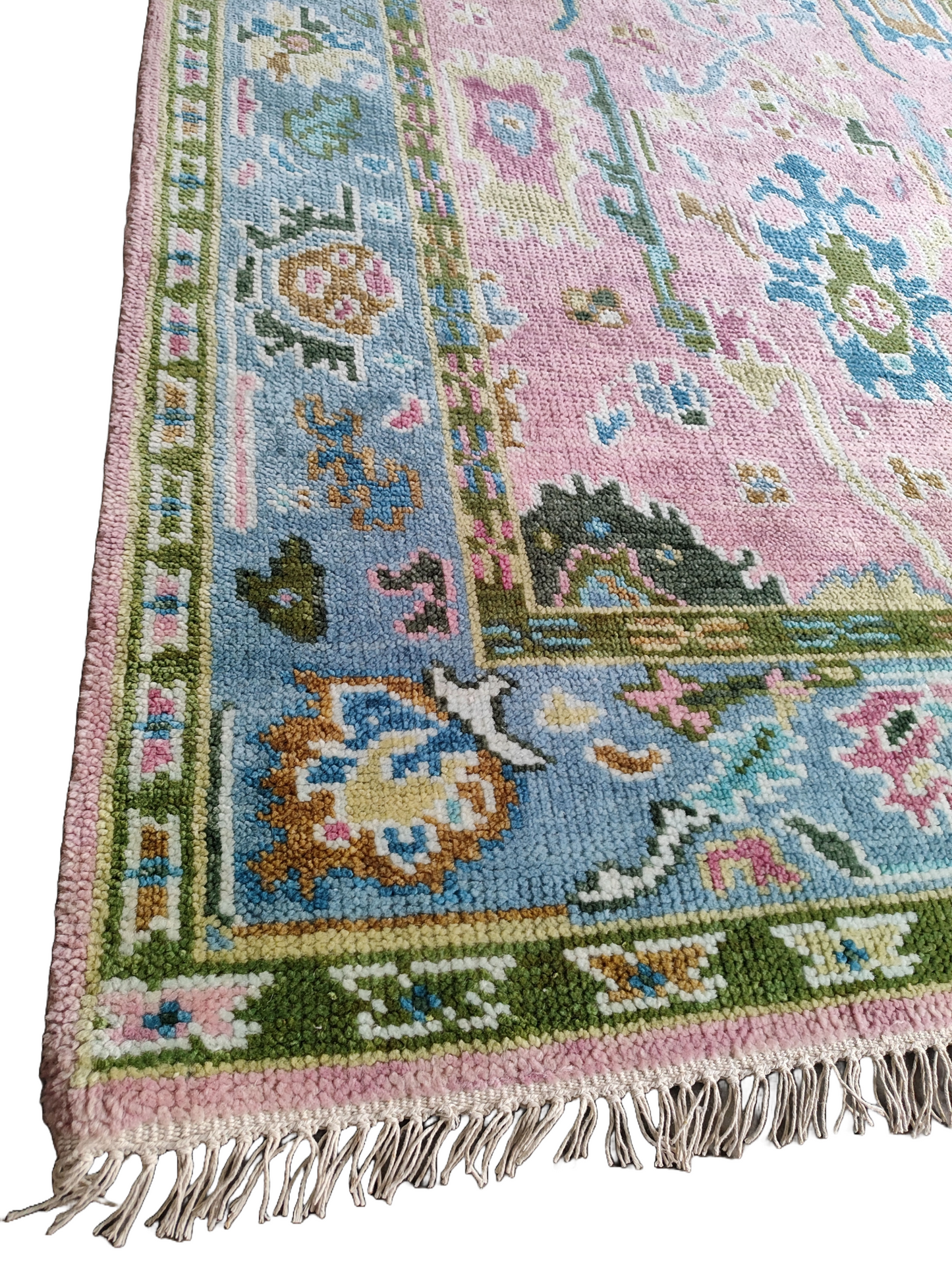 Pink & Blue Indo Oushak Hand-Knotted Wool Rug – Vintage Floral