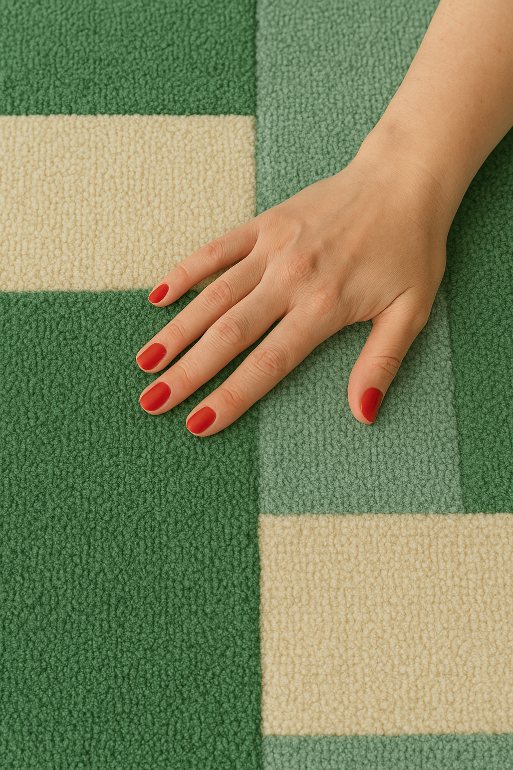 Female hand with red nails on rug for scale and softness