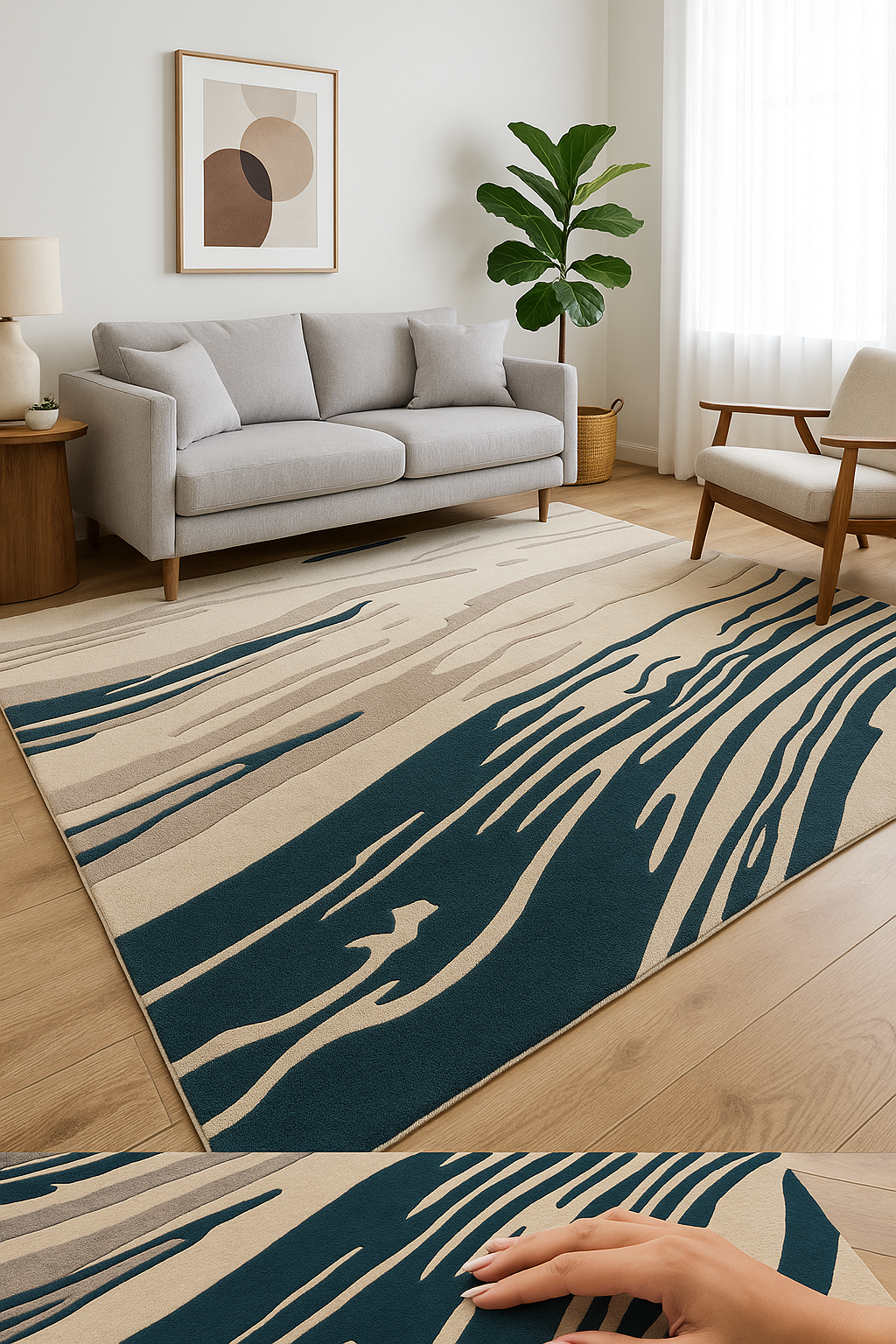 Modern Abstract Wool Rug – Hand-Tufted Beige & Teal Carpet
