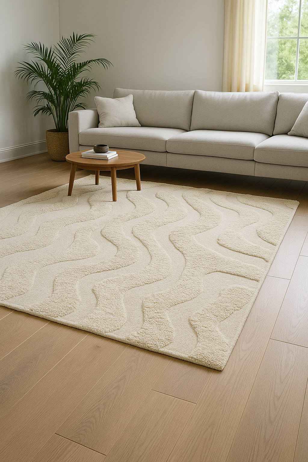 Hand-Knotted Wool Area Rug – Abstract Cream Modern Living Room Carpet