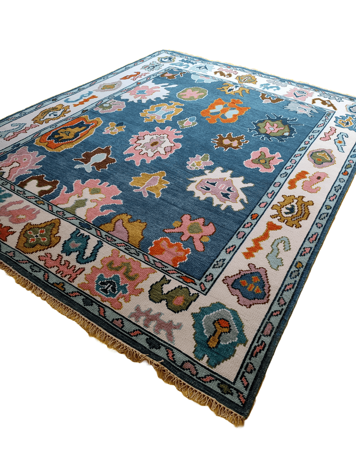 Hand-Knotted Indo Oushak Wool Rug – Blue Pastel Tribal Floral
