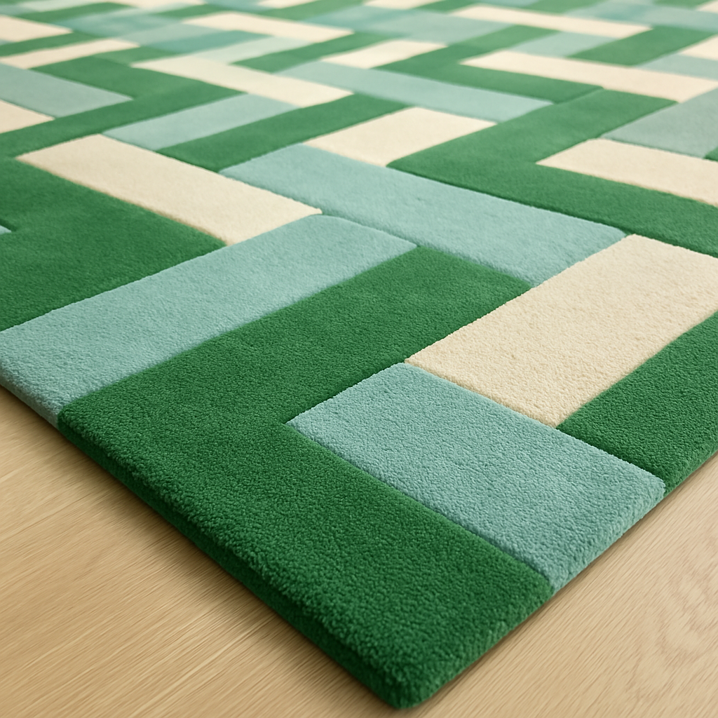 Geometric patterned rug with green, blue, and beige colors on a wooden floor.
