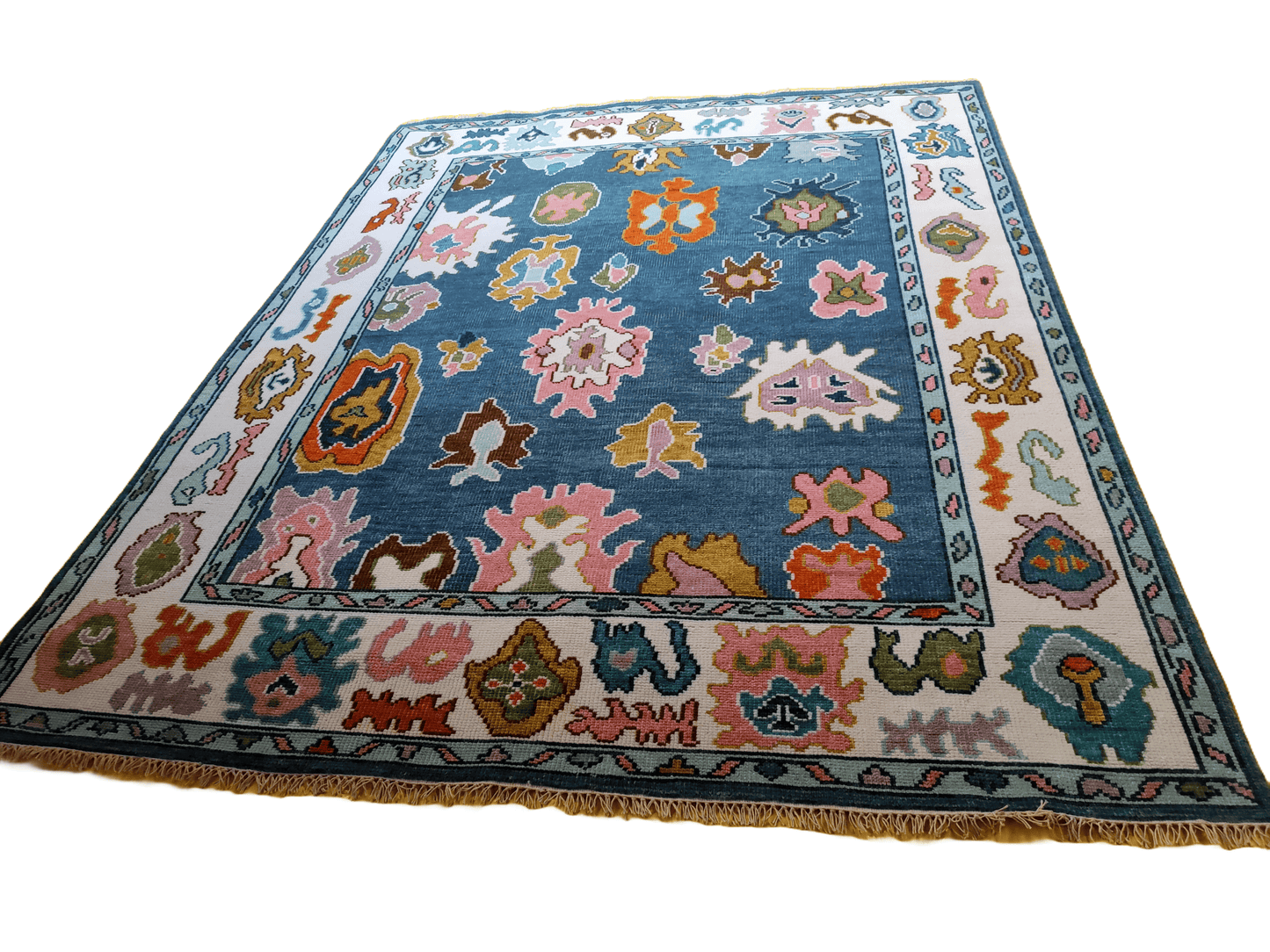 Hand-Knotted Indo Oushak Wool Rug – Blue Pastel Tribal Floral