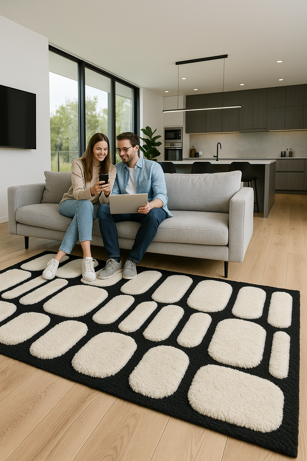 Modern Hand-Knotted Wool Rug – Black & White Geometric Area Carpet