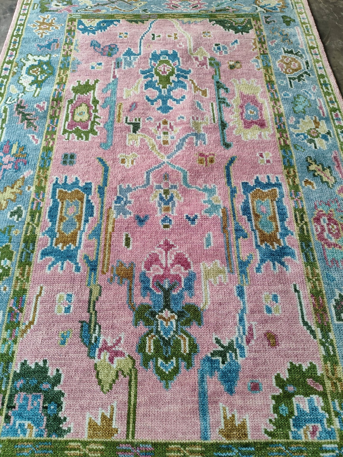 Pink & Blue Indo Oushak Hand-Knotted Wool Rug – Vintage Floral