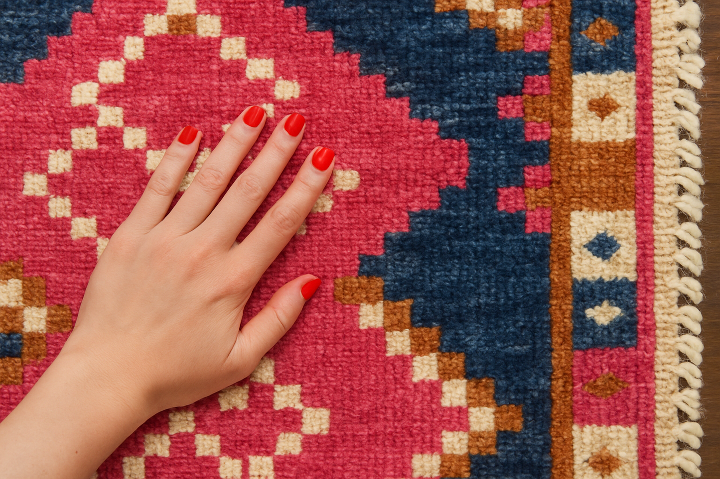 Hand-Knotted Pink & Blue Geometric Wool Rug | Boho Area Carpet
