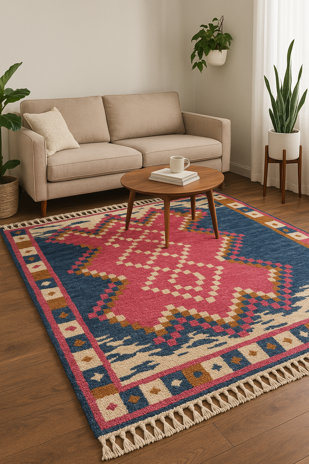 Hand-Knotted Pink & Blue Geometric Wool Rug | Boho Area Carpet