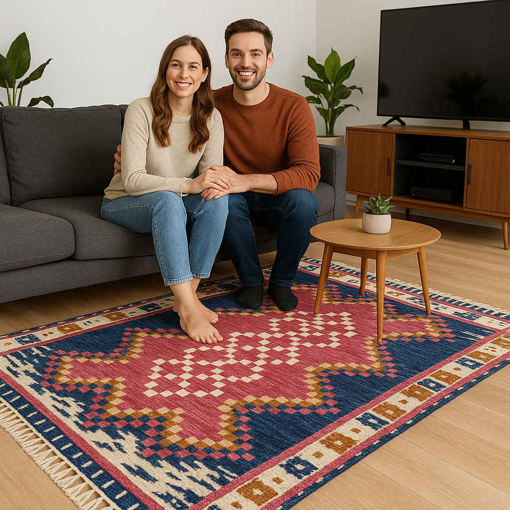 Hand-Knotted Pink & Blue Geometric Wool Rug | Boho Area Carpet