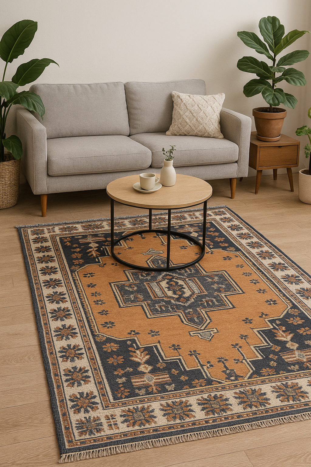 Hand-Knotted Oriental Wool Rug in Rust Orange & Charcoal