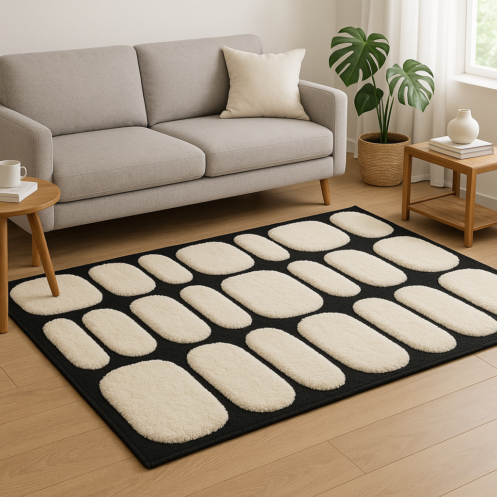 Modern Hand-Knotted Wool Rug – Black & White Geometric Area Carpet