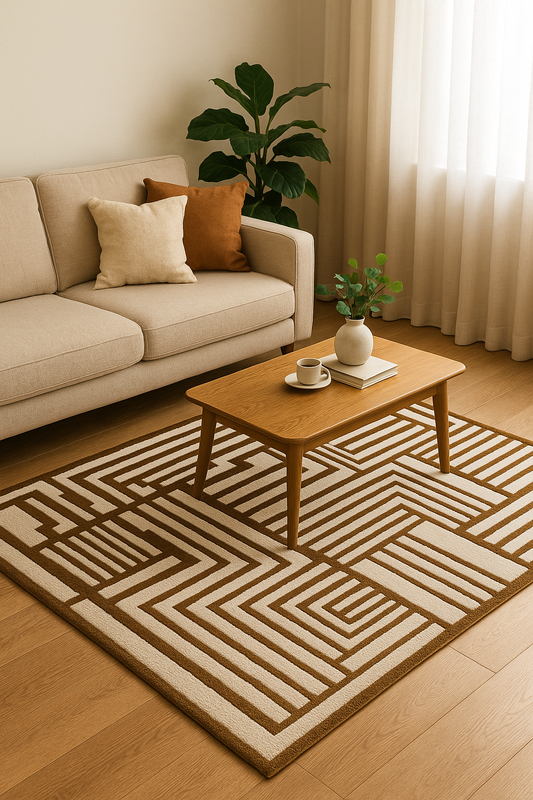 Living room with a beige sofa, wooden coffee table, and geometric-patterned rug.