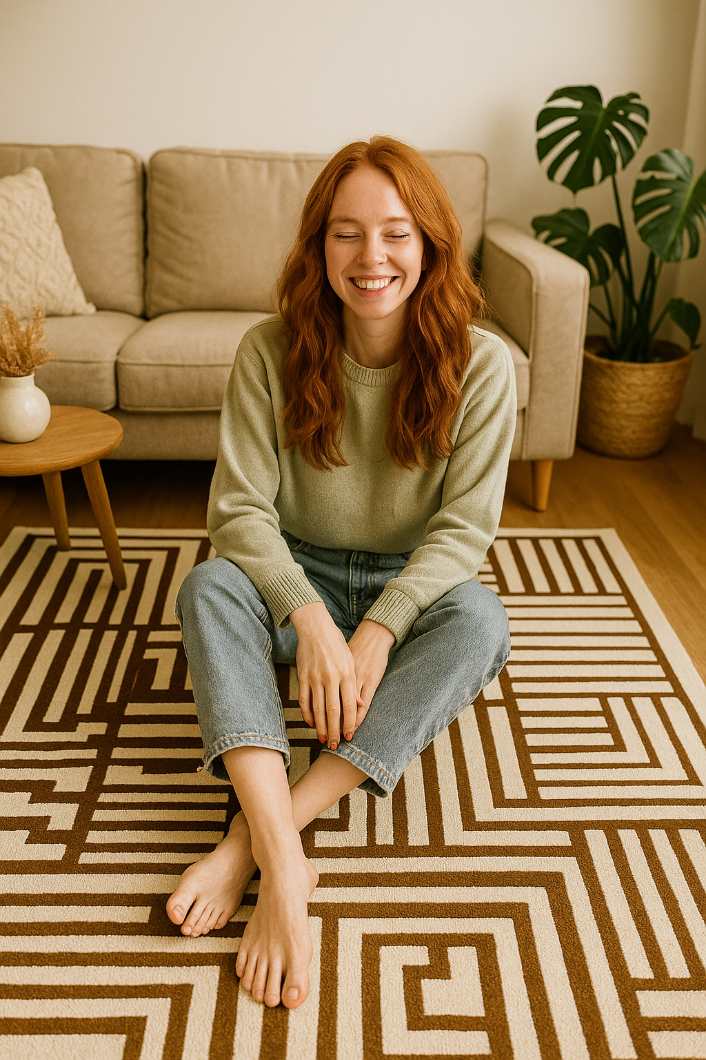 Hand-Tufted Wool Rug – Brown & Cream Geometric Area Carpet