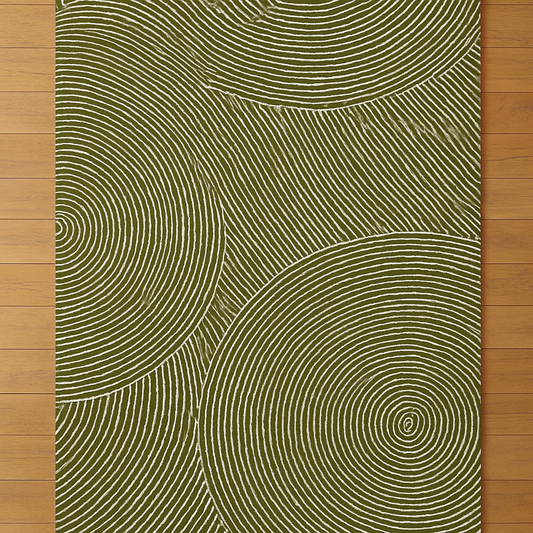 Modern geometric wool rug on wooden floor