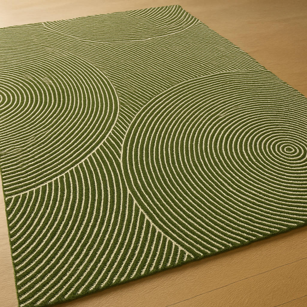 Close-up of concentric circle pattern on olive green rug