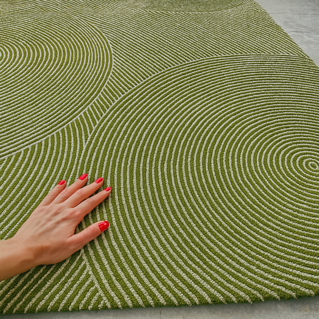 Female hand with red nails touching rug for scale