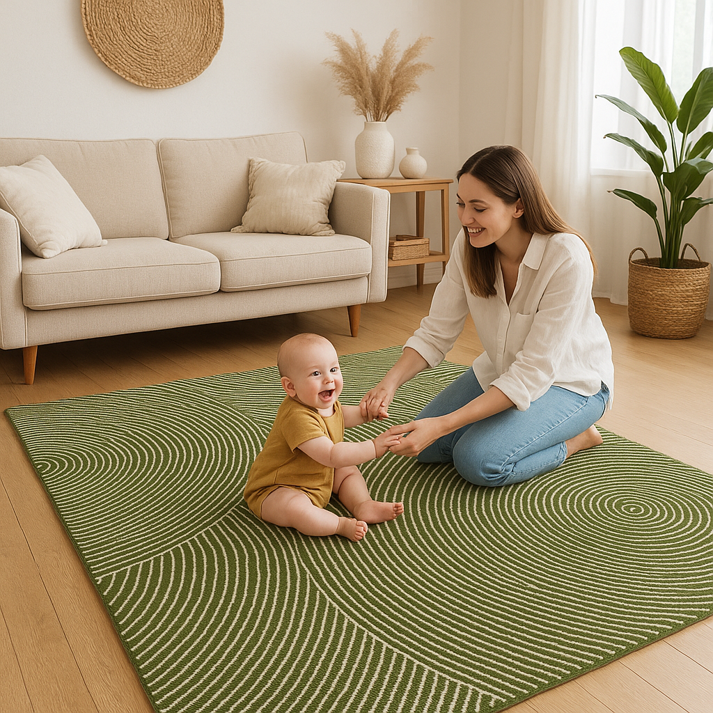 Family sitting on rug in a warm living room setup