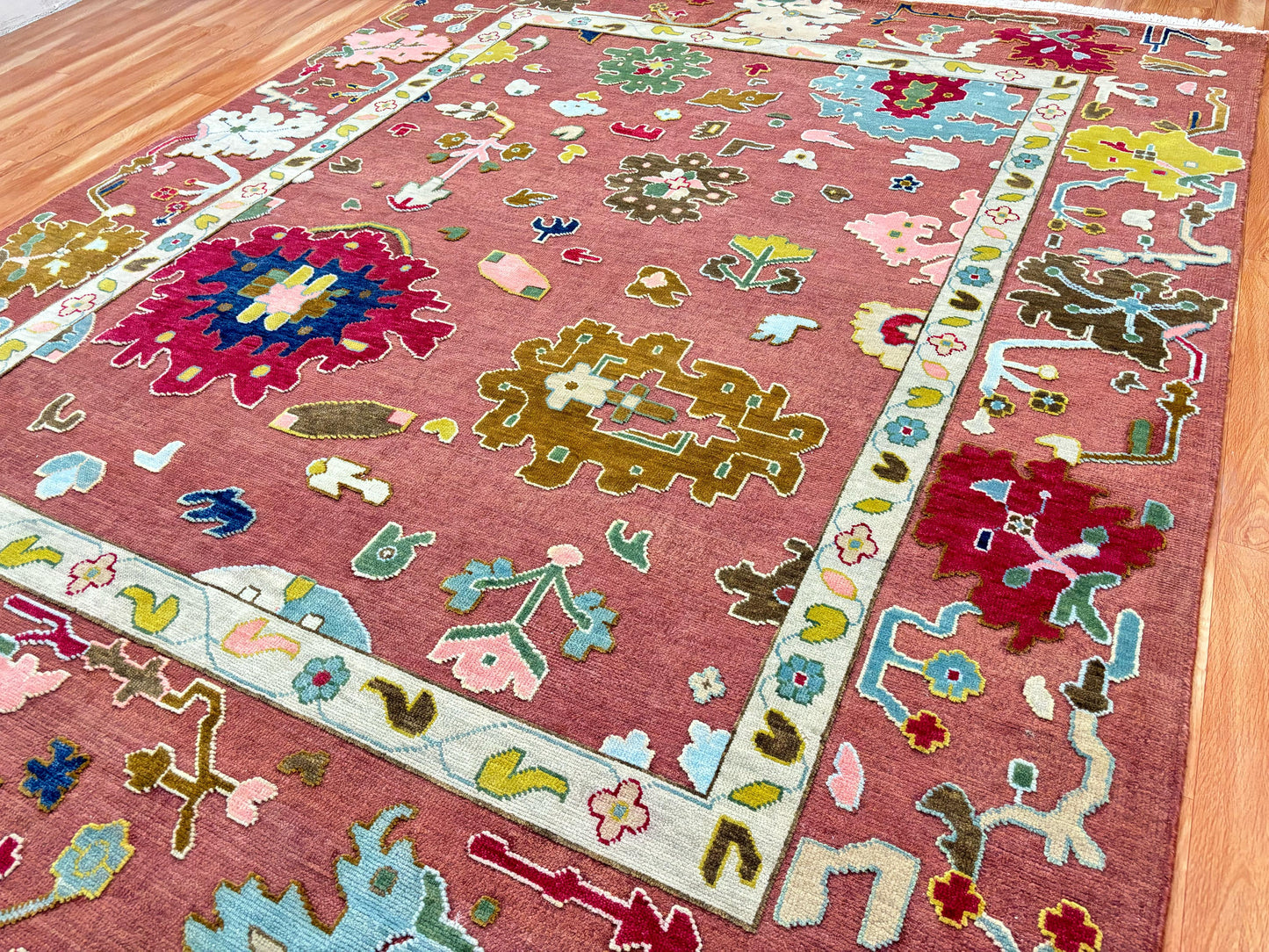 Hand-Knotted Oushak Wool Rug – Rose Red Multicolor Floral Carpet