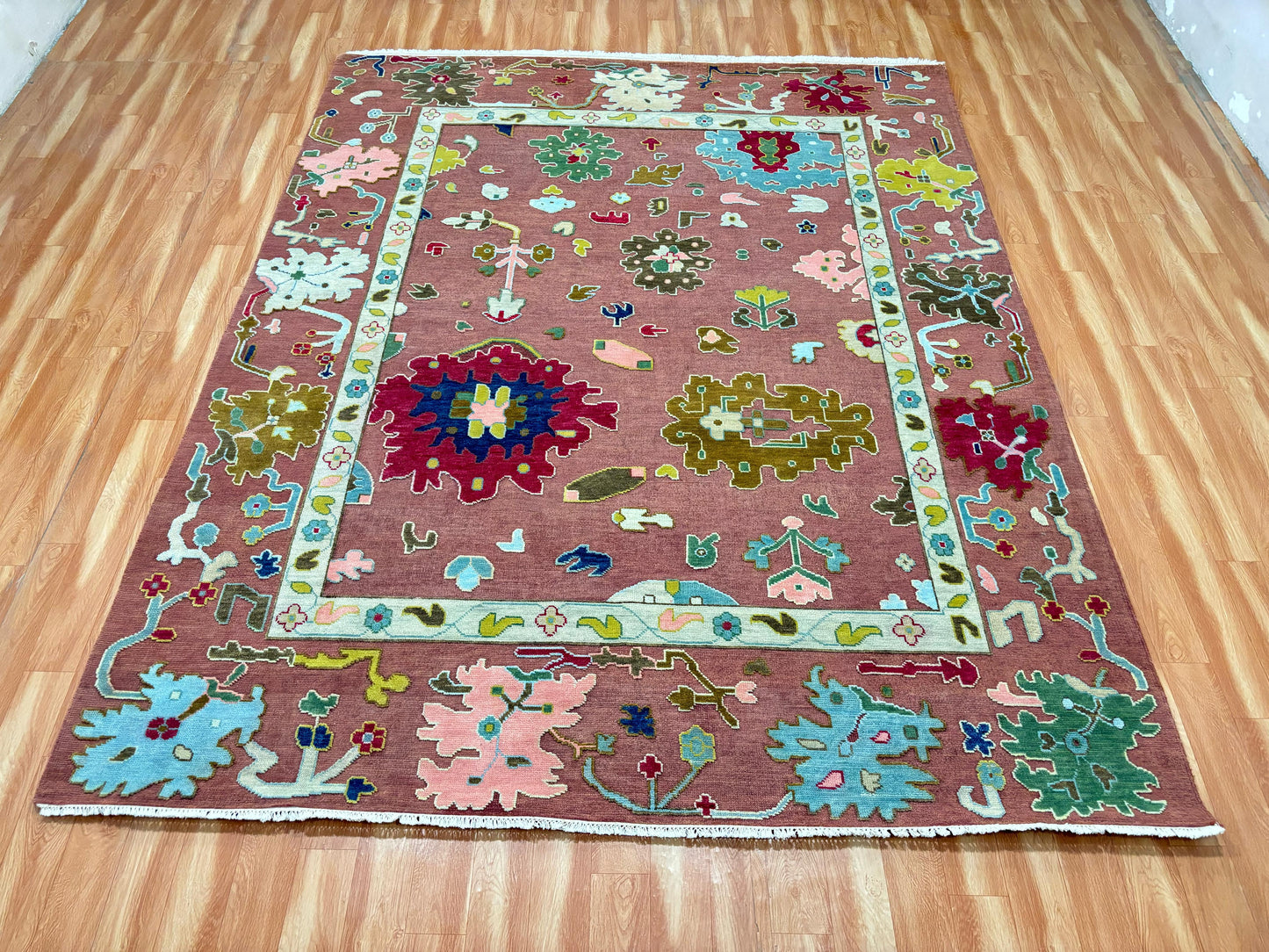 Hand-Knotted Oushak Wool Rug – Rose Red Multicolor Floral Carpet