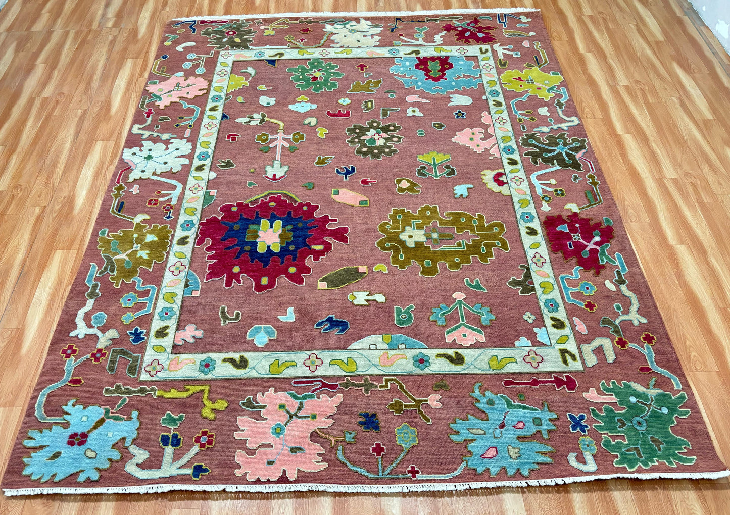 Hand-Knotted Oushak Wool Rug – Rose Red Multicolor Floral Carpet