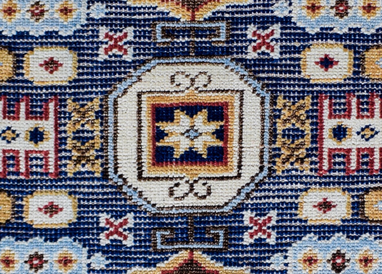 Hand-Knotted Wool Oriental Rug – Blue Red Geometric Design