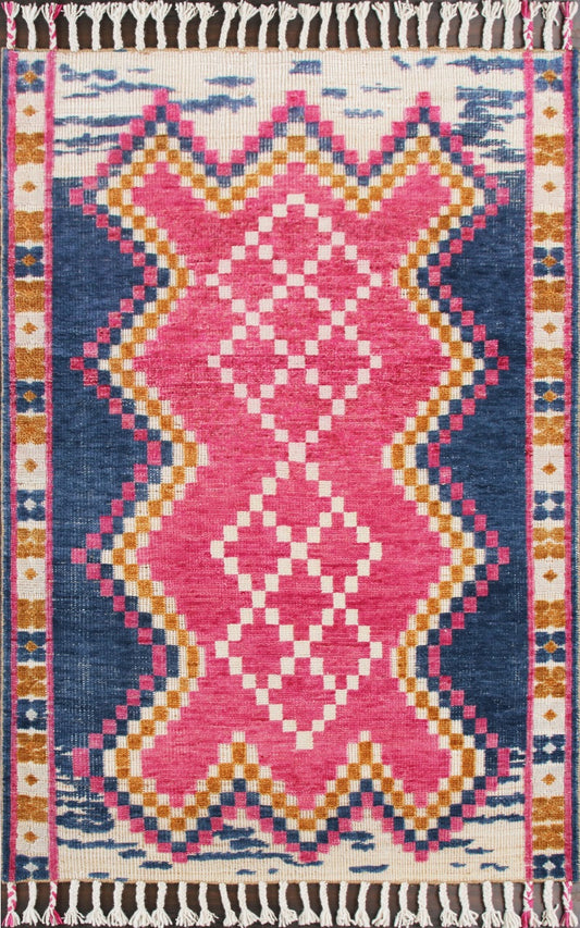 Hand-Knotted Pink & Blue Geometric Wool Rug | Boho Area Carpet