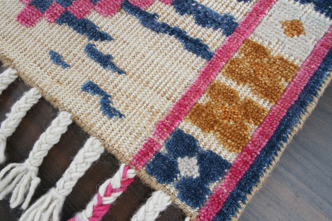 Hand-Knotted Pink & Blue Geometric Wool Rug | Boho Area Carpet